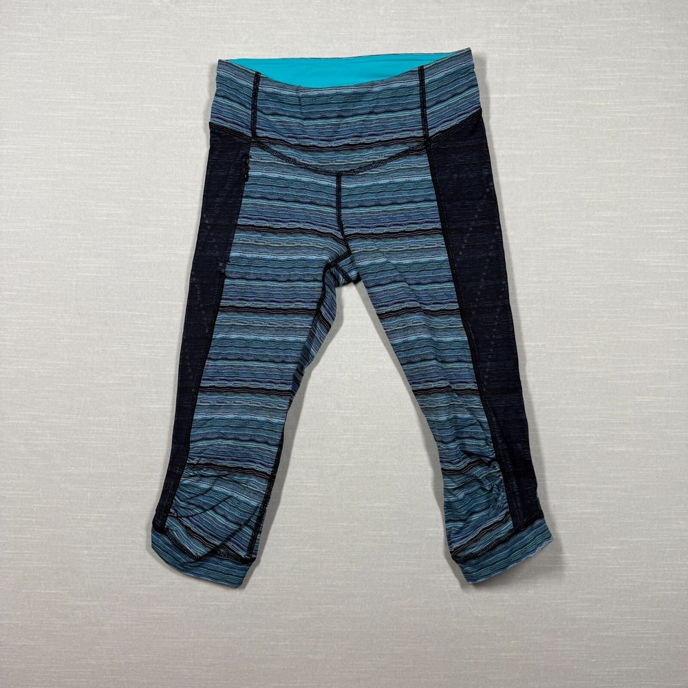 Lululemon Leggings Women 4 Blue Stop At Nothing Crop Stripe Mesh Activewear